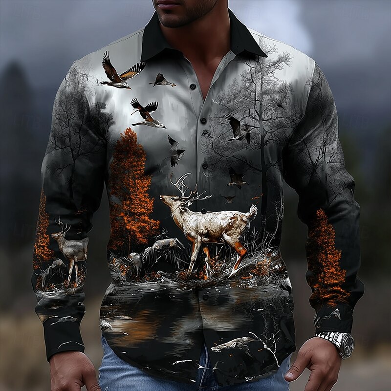 Men's Reindeer Forest Shirt Button Up Shirt Long Sleeve Vintage Retro Outdoor Hunting Hiking Summer Spring Turndown 3D Print Collared Shirts Dark Gray Gray2
