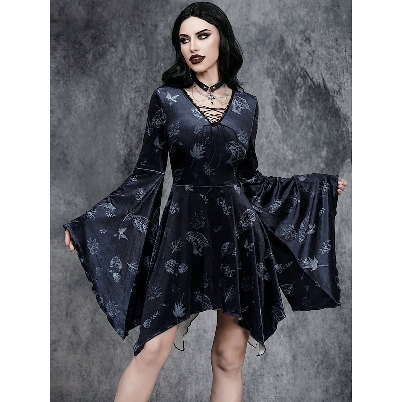 Gothic Mini Dress Bell Sleeve Witch Velvet Asymmetrical Hem Fancy Dress Women's Fantasy Halloween Carnival Performance Party Adults Dress