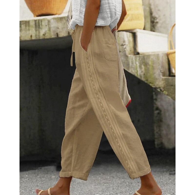 Women's Cotton Linen Pants Slacks Streetwear Casual Full Length Natural Plain Pocket Elastic Drawstring Design Comfortable Street Holiday Daily Wear Light Sky Blue Grey Black White Fall Regular Fit2