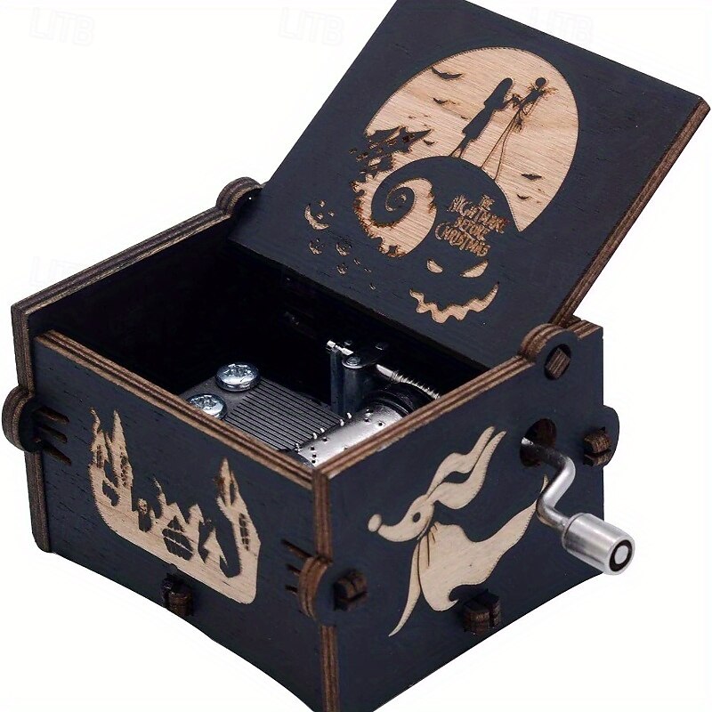 "The Nightmare Before Christmas" Hand-Cranked Vintage Music Box with Holly Wood Automatic Wind-Up Eight-Tone Melody - 'This is Halloween' Theme, Perfect Holiday & Birthday Gift for Fun2