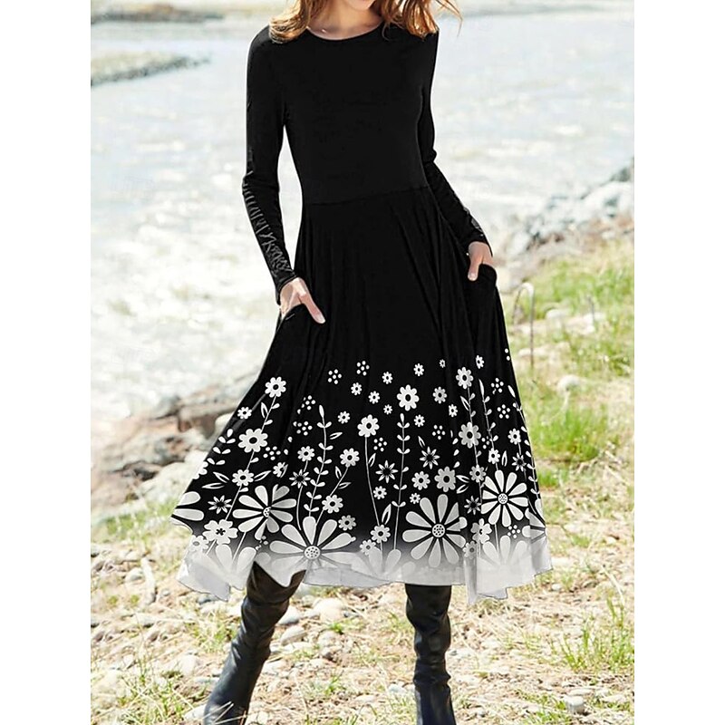 Women's Midi Dress A Line Dress Fit And Flare Dress Vacation Casual Daily Going out Regular Fit Ombre Graphic Geometric Long Sleeve Crew Neck White Pink Blue Gray Spring Fall Winter3