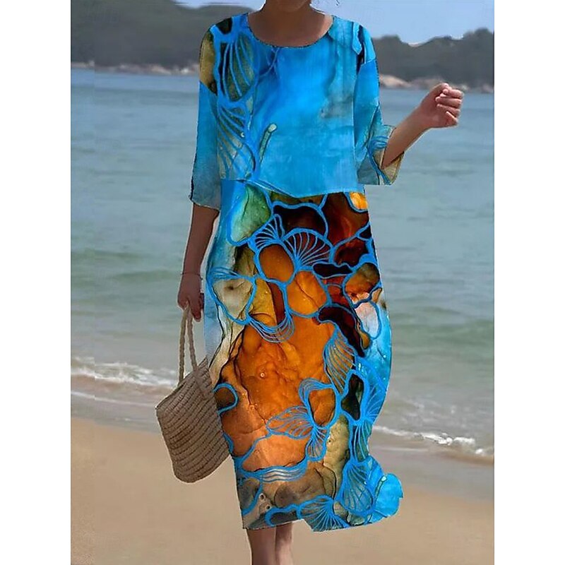 Women's Maxi Dress Kaftan 3/4 Length Sleeve Crew Neck Casual Shift Dress A Line Dress Dress Boho Daily Holiday Date Regular Fit Graphic Geometric Abstract Yellow Blue Green Spring3