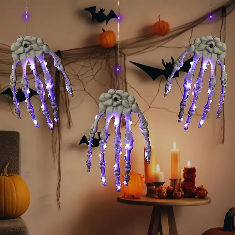 3 PCS Purple Ghost Hand Light 20LED Battery Powered Halloween Skeleton Hand Hanging Light for Bedroom Party or Indoor Space Plastic Skeleton Hand Design with Glowing Purple Effect Halloween Decoration2
