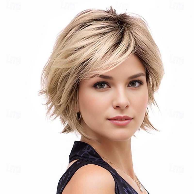 Women's Short Layered Blonde Bob Wig with Dark Roots & Bangs – Heat-Resistant Synthetic Hair for Cosplay, Halloween & Daily Fashion2