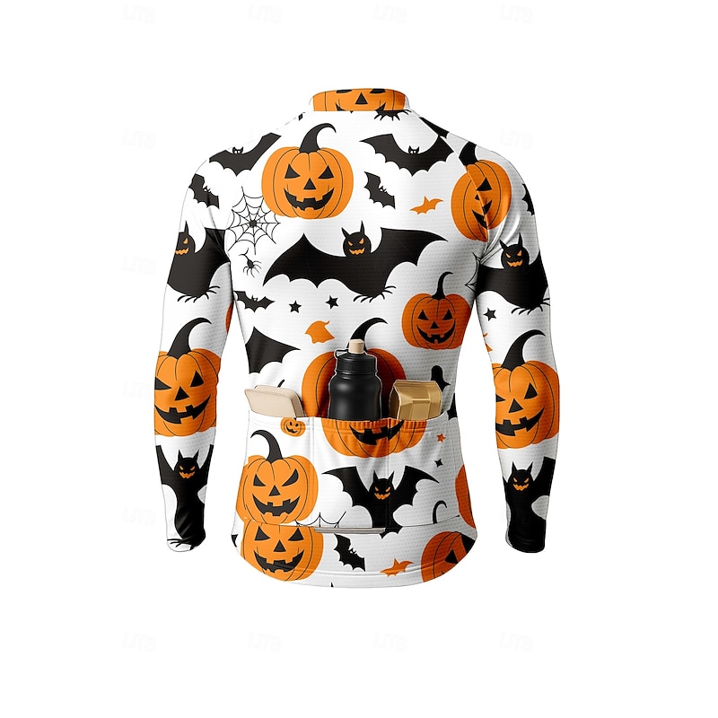Men's Tops Cycling Jersey Graphic Halloween Halloween pumpkin Long Sleeve Bike Jersey Top with 3 Rear Pockets Sun Sun Protection Sunscreen Quick Dry Sports Orange Clothing Apparel2