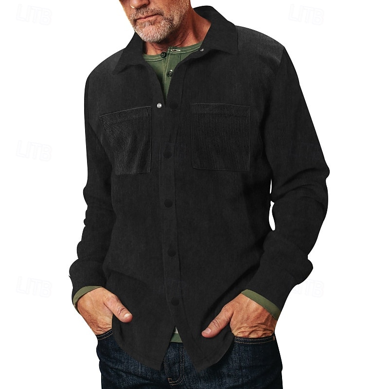 Men's Shirt Casual Shirt Beach Shirt Corduroy Shirt Button Up Shirt Black Army Green Gray Long Sleeve Plain Lapel Vacation Hawaiian Pocket Clothing Apparel Polyester Fashion Casual Comfortable2