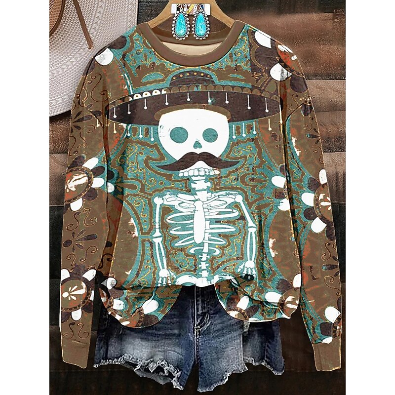 Halloween Women's Sweatshirts Skulls Graphic Warm Casual Festival Long Sleeve Crew Neck Round Neck Regular Tops Street Dailywear Casual Print Maroon Red Orange Spring Fall Winter3