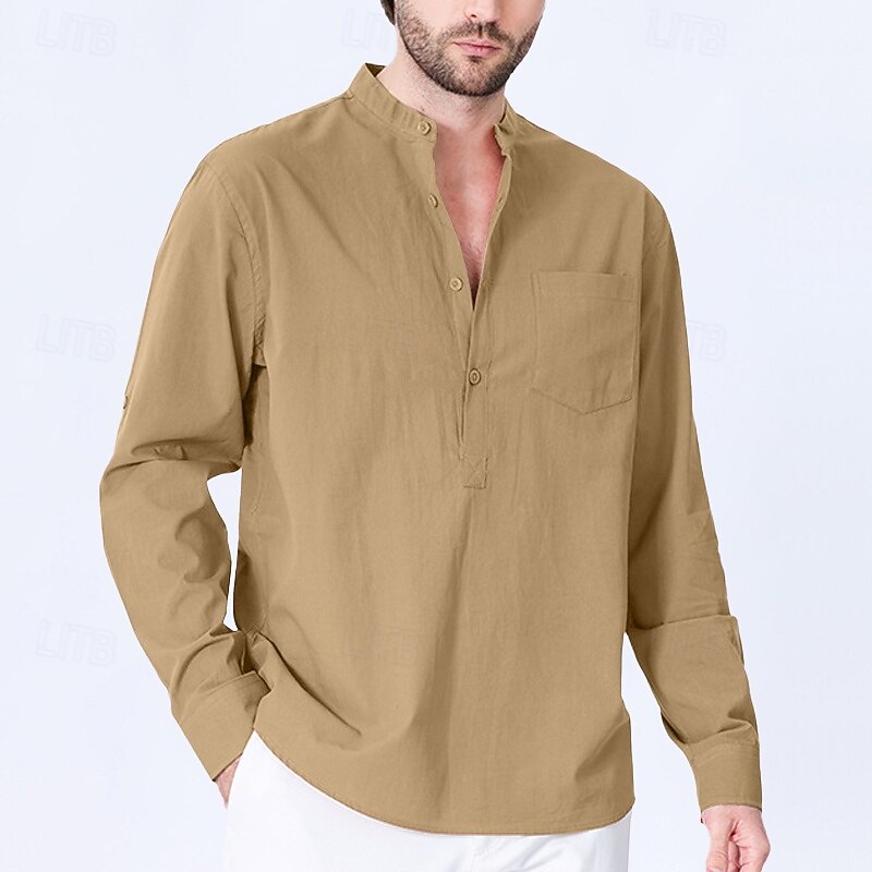 Men's Shirt Band Collar Shirt Popover Shirt Casual Shirt Black Red Green khaki Light Grey Long Sleeve Solid Color Henley Party Going out Front Pocket Clothing Apparel Fashion Sports & Outdoors2