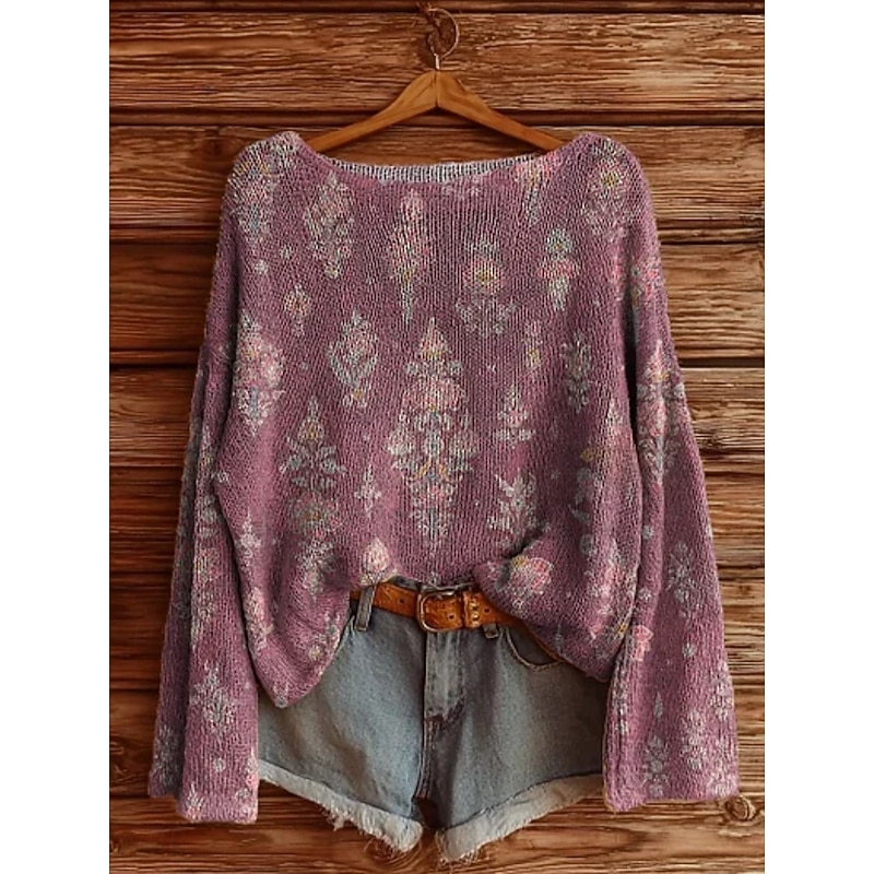 Women's Sweater Casual Soft Floral Vintage Ethnic Long Sleeve Crew Neck Regular Tops Daily Holiday Print Wine Red Purple Fuchsia Spring Fall Winter - Main Image