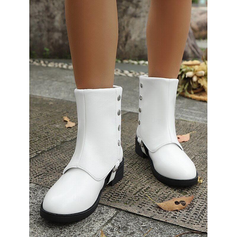 Women's White Studded Mid-Calf Biker Boots – Punk Motorcycle Riding Boots with Chunky Low Heel for Concerts, Festivals, and Streetwear