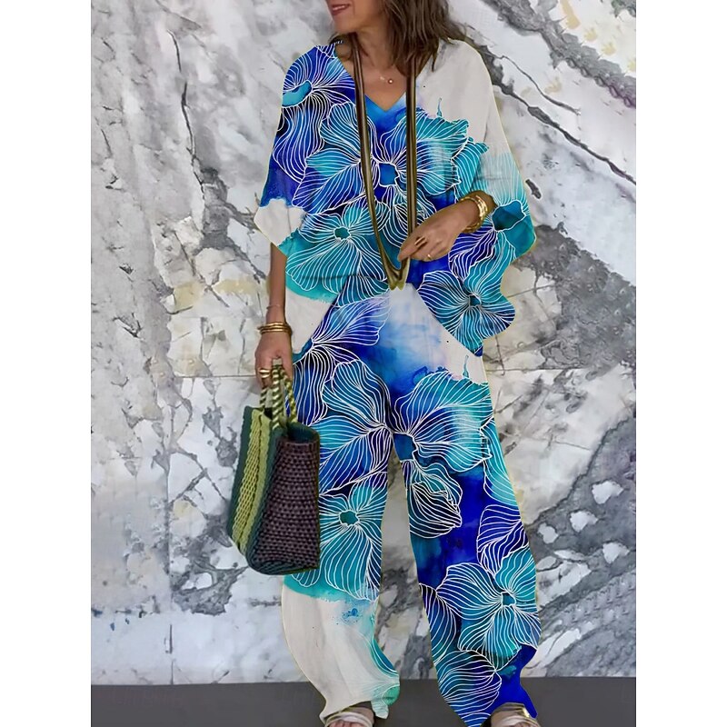 Women's Vacation Fashion Pants Sets 3/4 Length Sleeve V Neck Butterfly Print Vacation Daily Holiday Blue Summer Regular Fit