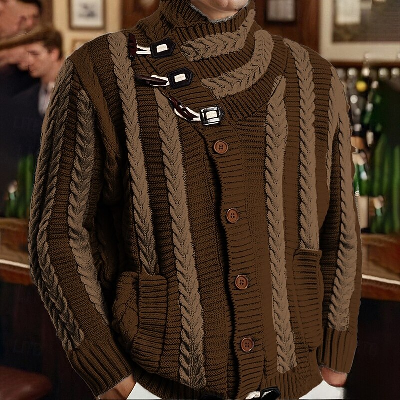Men's Cardigan Sweater Cropped  Sweater Knit Sweater Ribbed Knit Regular Tops Pocket Buttons Plain Turtleneck Fashion Classic Vacation Daily Wear Clothing Apparel Fall Winter Black Brown M L XL2