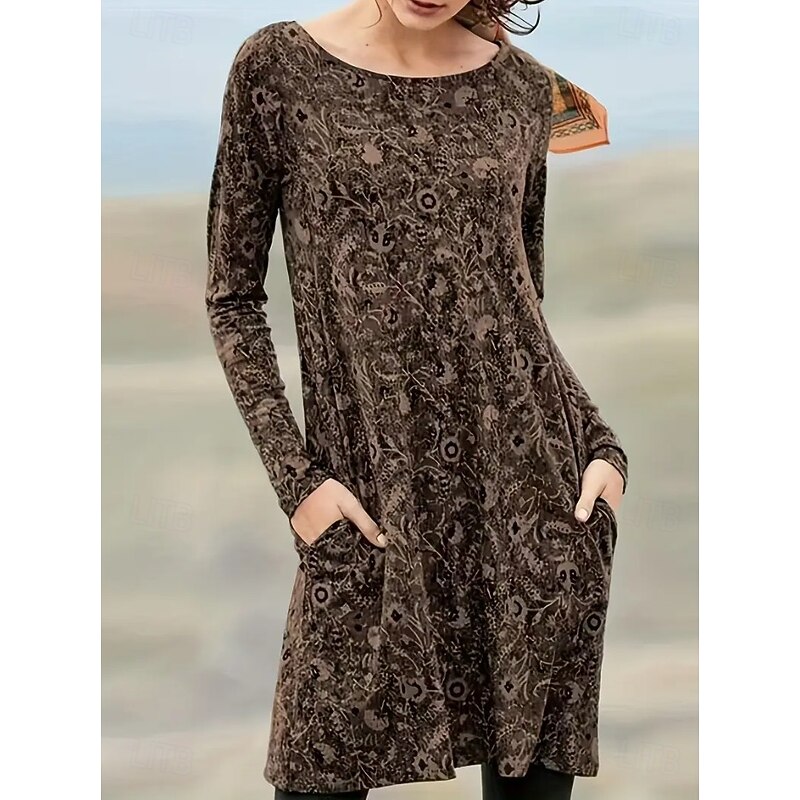 Women's Midi Dress Paisley Dress Casual Dress Winter Dress T Shirt Dress Tee Dress Casual Date Regular Fit Floral Paisley Long Sleeve Crew Neck Dark Green Ink Blue Brown Fall Winter3