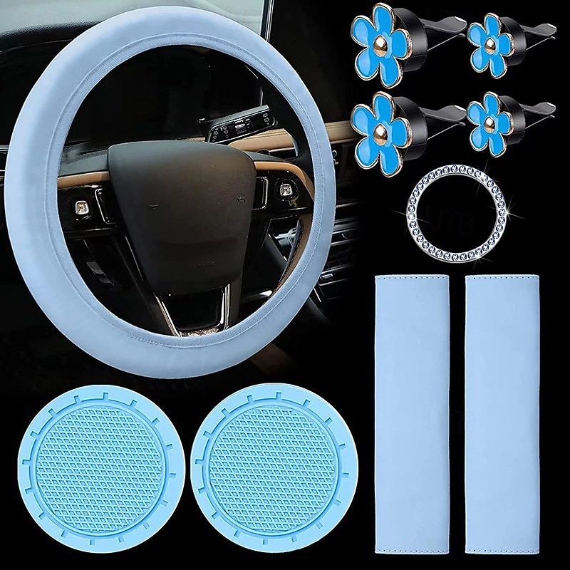 10 Pcs Steering Wheel Cover Set for Women 14.5-15 Inch Car Accessories with Seat Belt Shoulder Pad Seatbelt Cover Cup Holder Start Button Ring Sticker Air Vent Clip4