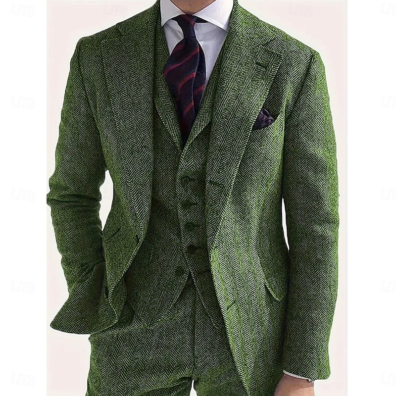 Men's Wedding Business Tweed Suits Notch Lapel Green Formal Herringbone Tailored Fit 3 Piece Single Breasted One-button