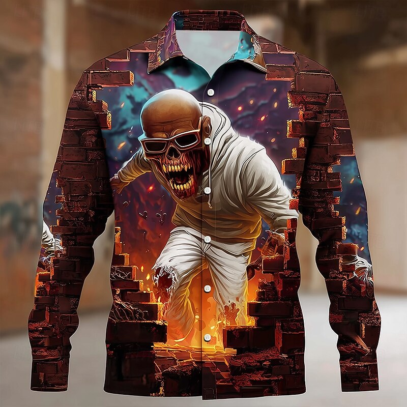 Halloween Men's Skull Breaking Through Brick Walls Shirt Button Up Shirt Long Sleeve Dark Punk Gothic Style Outdoor Holiday Summer Spring Turndown 3D Print Collared Shirts Brown