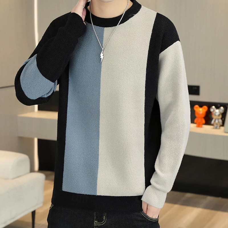 Men's Color Block Vertical Stripes Pullover Sweater Jumper Knitwear Crewneck Casual Vacation Home Daily 3D Print Knitting Keep Warm Long Sleeve Spring Fall Winter Blue Brown