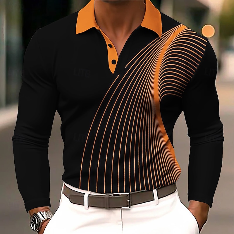 Men's Geometic Line Polo Long Sleeve Polo Shirts Lapel Business Casual Athleisure Daily Wear 3D Print Buttons Spring Fall Winter Black Blue Orange - Main Image