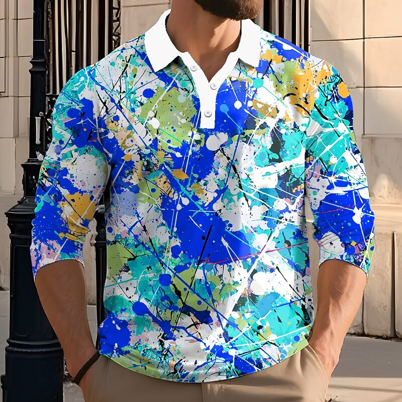 Men's Splash Ink Polo Long Sleeve Polo Shirts Lapel Casual Street Athleisure Daily Wear 3D Print Buttons Spring Fall Winter Yellow Blue Purple2