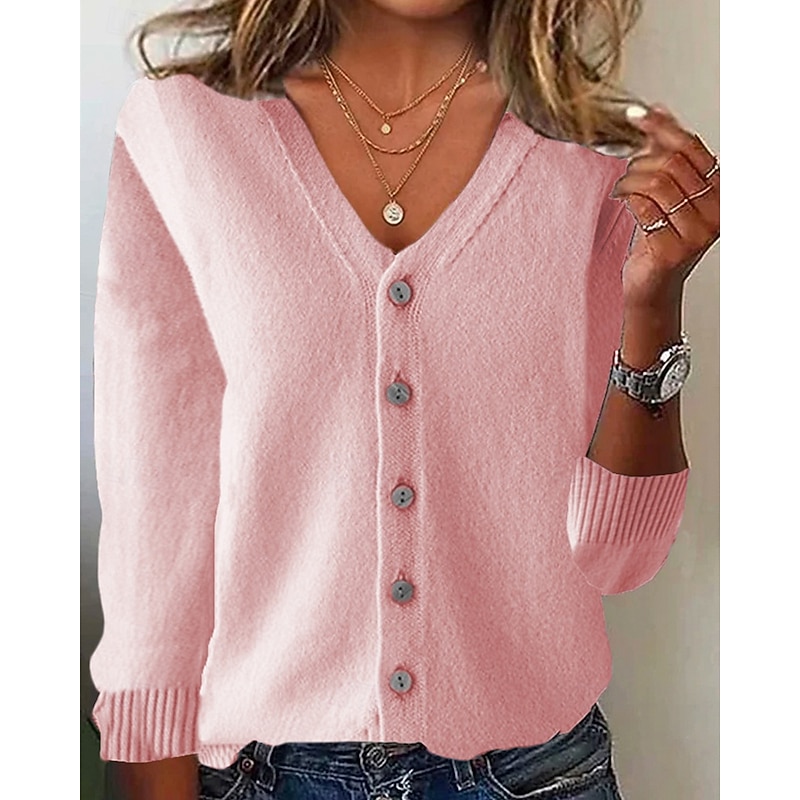 Women's Sweater Cardigan Fashion Streetwear Daily Solid Color Ribbed V Neck Knitted Long Sleeve Regular Tops Knit Holiday Going out Weekend Black White Fall Winter