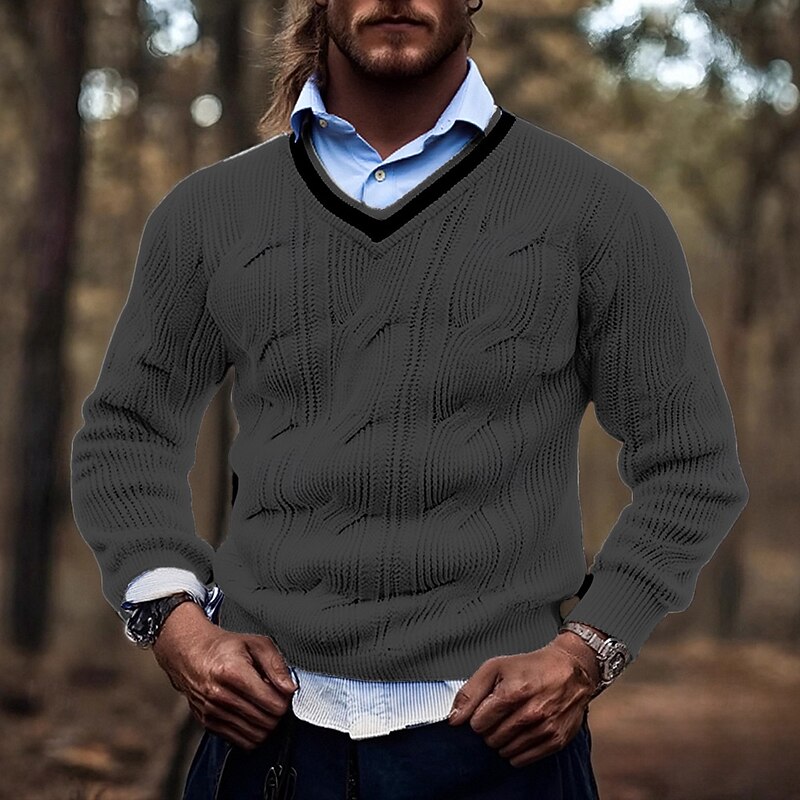 Men's Pullover Sweater Jumper Knit Sweater Ribbed Knit Regular Tops Knitted Plain V Neck Fashion Basic Vacation Daily Wear Clothing Apparel Fall Winter Black White M L XL2