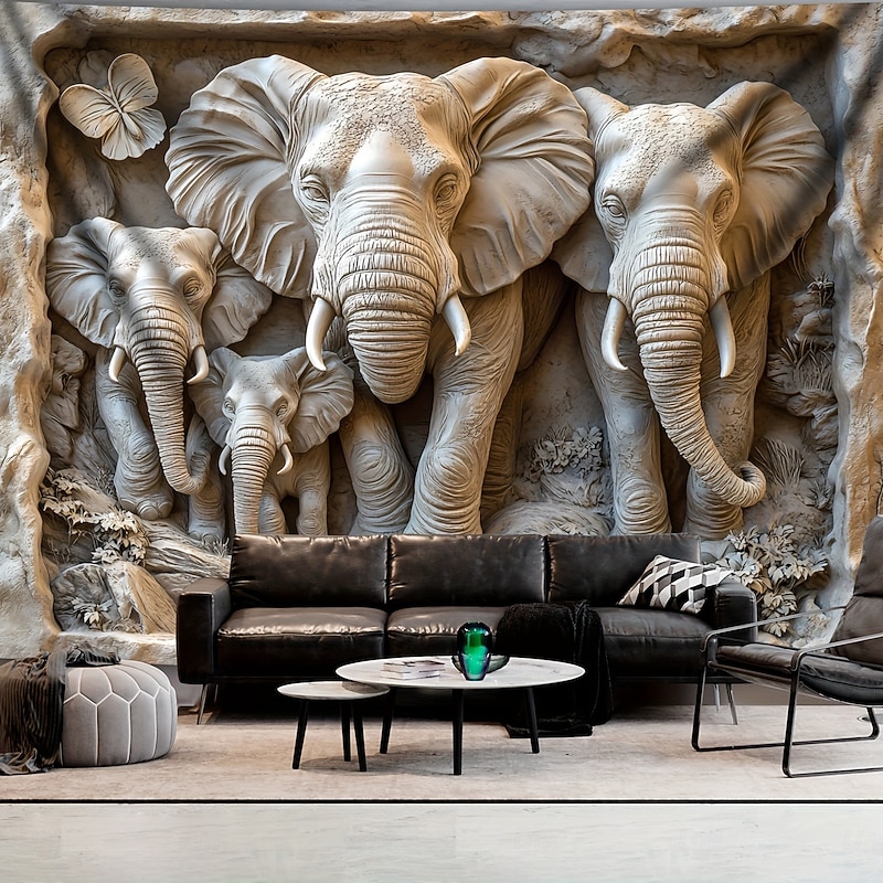 3D Elephant Family Wall Tapestry – Realistic Stone Carving Style Jungle Safari Wall Hanging for Living Room Decor