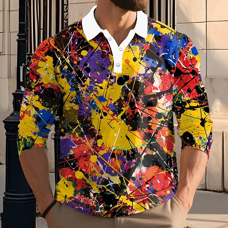 Men's Splash Ink Polo Long Sleeve Polo Shirts Lapel Casual Street Athleisure Daily Wear 3D Print Buttons Spring Fall Winter Yellow Blue Purple