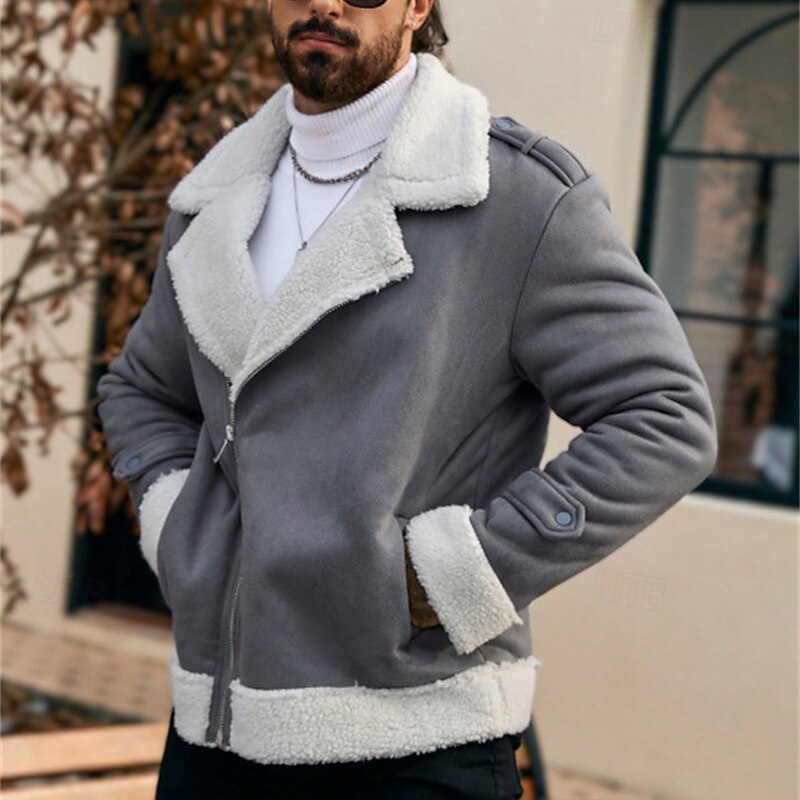 Men's Winter Jacket Fleece Jacket Sherpa Jacket Vacation Daily Windproof Warm Pocket Fall Winter Plain Fashion Classic Lapel Regular Faux Leather Gray Jacket2