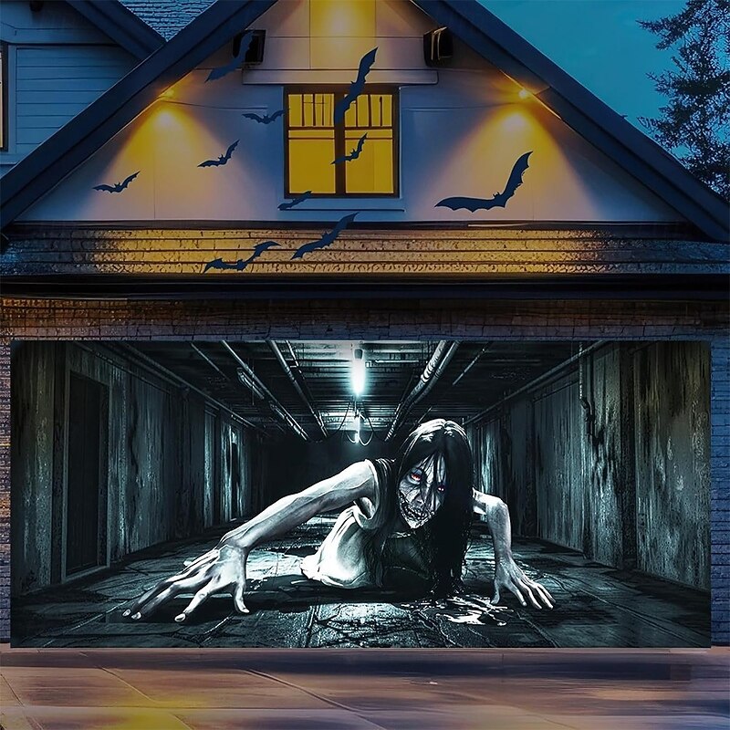 Halloween Garage Door Cover  Creeping Ghost Banner Large Tapestry Backdrop Decoration for Holiday 2025 Halloween Outdoor Wall Decorations2