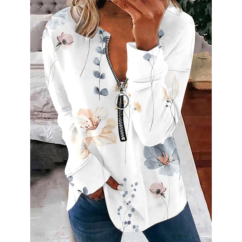 Women's Pullover Sweatshirt Zip Up Sweatshirts Floral Graphic Fashion Casual Long Sleeve Crew Neck Regular Tops Street Dailywear Zipper Print Black White Light Green Light Blue Spring Fall Winter4