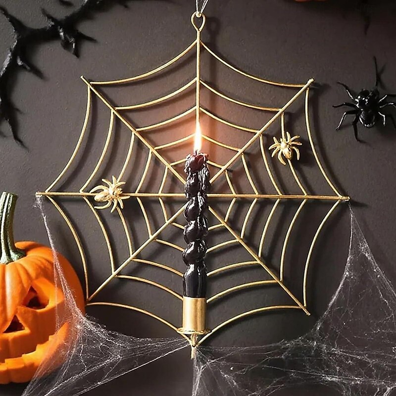 Halloween Spider Web Candle Holder Gothic Halloween Decor, Haunted House Centerpiece, Spooky Candle Lantern for Party and Home