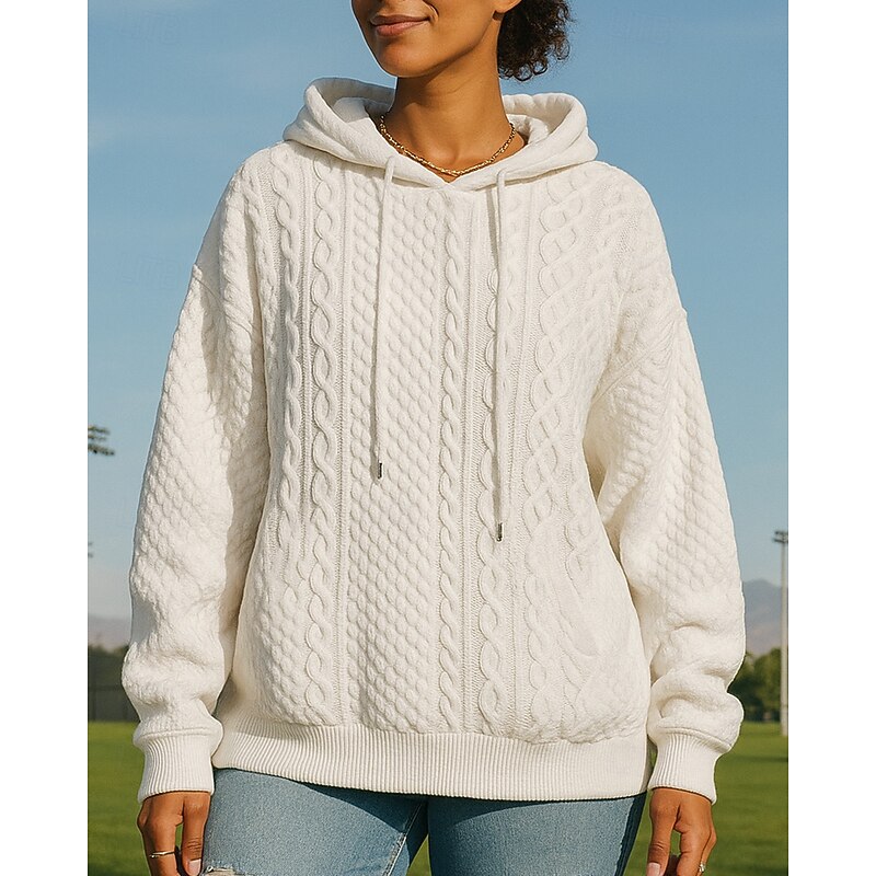 Women's Casual Sweatshirt Pullover Hoodie Drawstring Cable knit Long Sleeve Top Athleisure Fall Solid Colored Fashion Outdoor Travel Sportswear Activewear Black White Pink3