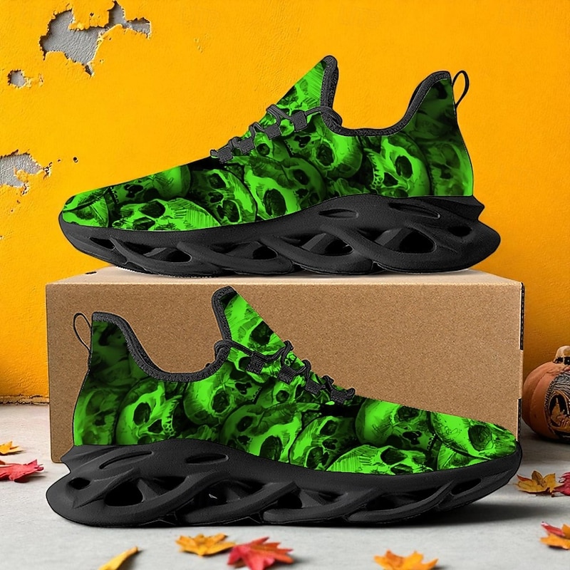 Men's Green Skull Print Lace-Up Sneakers – Gothic Halloween Style Casual Shoes for Party, Clubbing and Street Fashion2