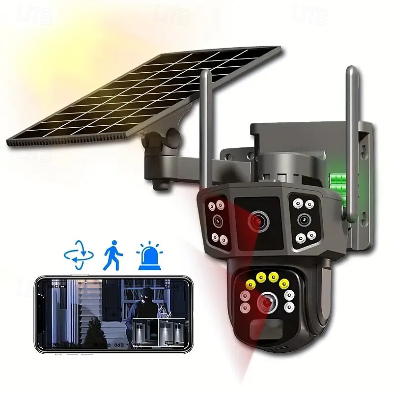 Wireless Solar Security Camera - Dual Lens Linkage 100% Wireless Wifi Battery Powered 360 Rotation And Tilt Colour Night Vision Pir Two-way Audio Sd And Cloud Storage