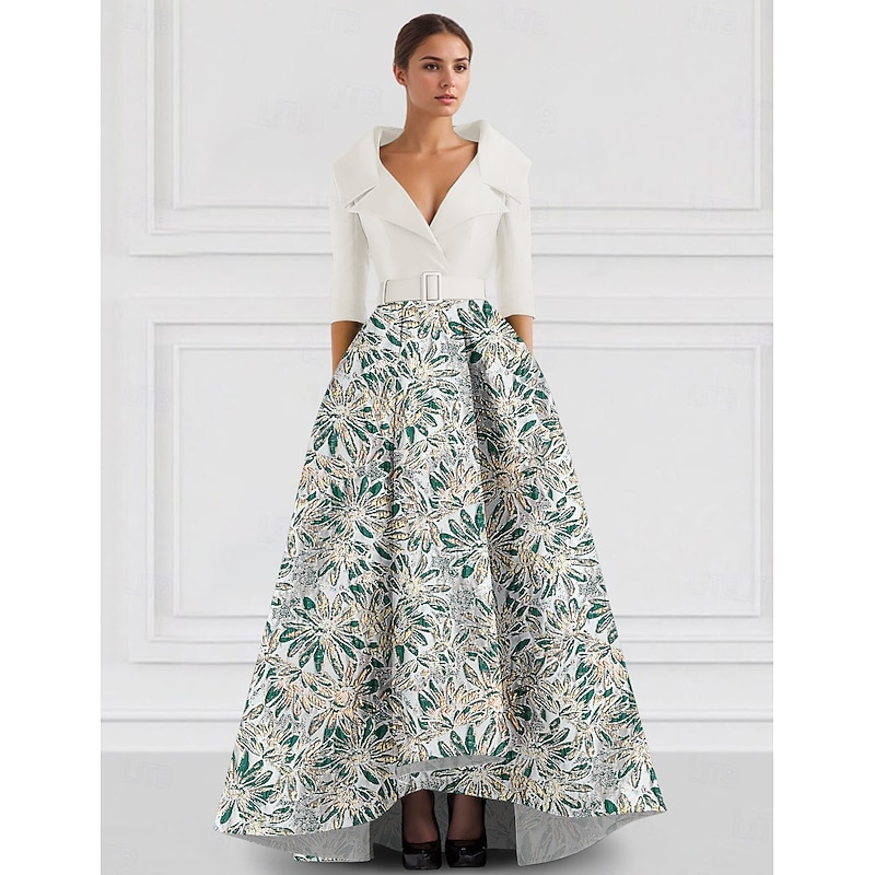 Floral Jacquard A-Line Evening Gown Elegant High-low Dress Stretch Satin Formal Wedding Floor Length Half Sleeve V Neck 20252
