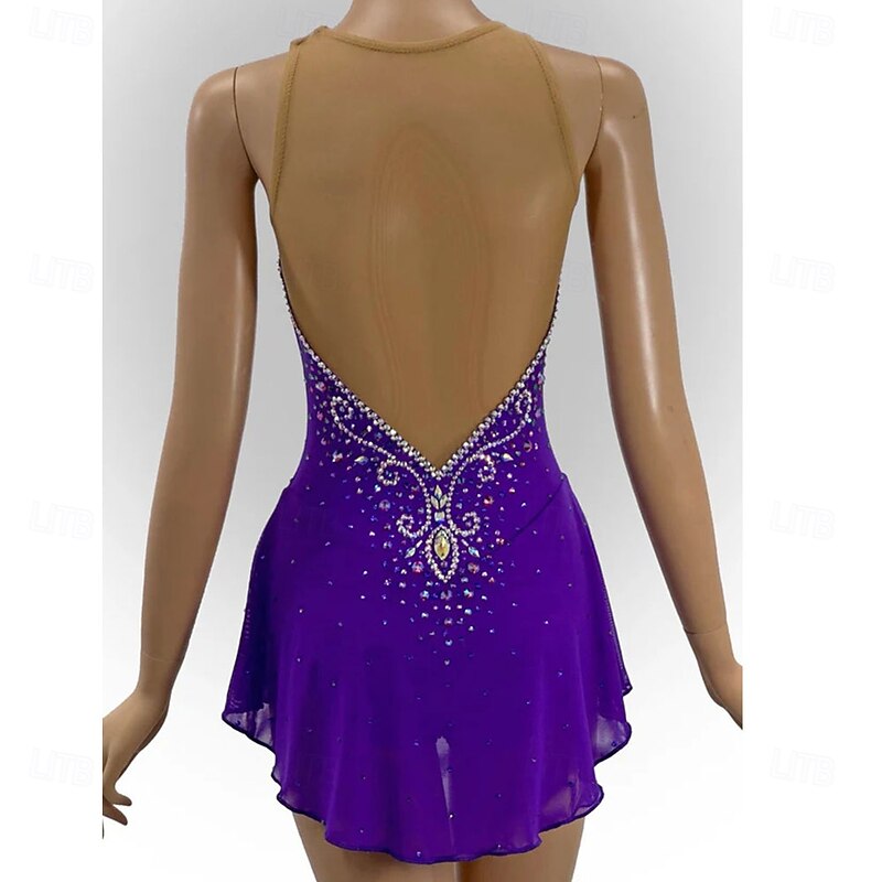 Figure Skating Dress Women's Girls' Ice Skating Dress Purple Open Back Asymmetric Hem Mesh High Elasticity Training Competition Skating Wear Classic Crystal / Rhinestone Sleeveless Ice Skating Figure2