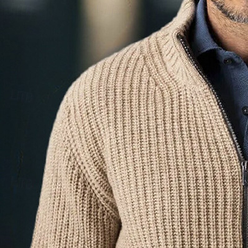 Men's Sweater Cardigan Sweater Zip Sweater Ribbed Knit Regular Tops Knitted Plain Stand Collar Vacation Fashion Casual Daily Wear Clothing Apparel Spring &  Fall khaki M L XL3
