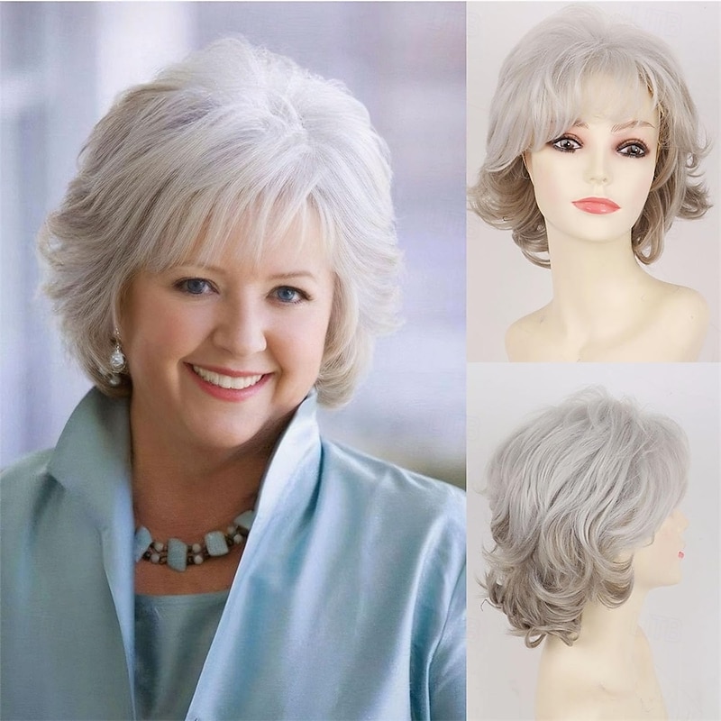 Short Grey Wigs for White Women Natural Curly Short Layered Silver Gray Pixie Cut Wigs with White Bangs Synthetic Hair Silver WIG for Older Women
