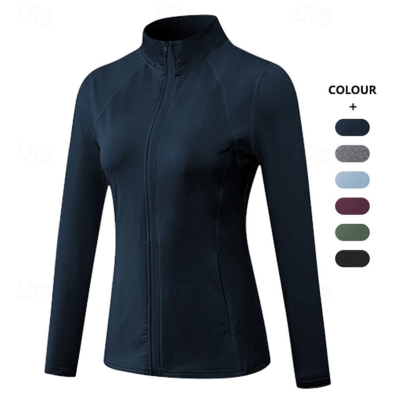Women's Workout Shirt Stand Collar Quick Dry Full Zip Long Sleeve Sports Solid Color Top For Gym Athletic Sports Activewear