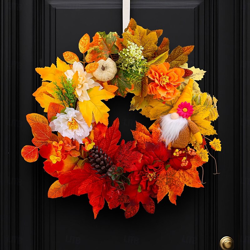 Fall Wreath for Front Door, Harvest Maple Leaves, Dried Branches, Pinecones Garland, Autumn Home Decor, Gnome Vine for Window and Door Hanging4