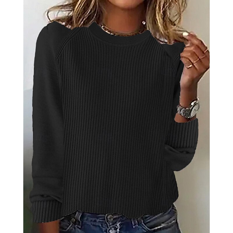 Women's Sweater Pullover Daily Stylish Casual Solid Color Ribbed Crew Neck Knitted Long Sleeve Regular Tops Knit Daily Holiday Going out Black Yellow Fall Winter2