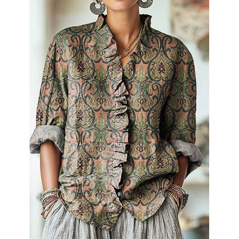 Women's Boho Shirt Floral Graphic Bohemia Vintage Stylish Long Sleeve Regular Tops Daily Holiday Ruffle Denim Blue Yellow Royal Blue Orange Brown Summer Spring Fall2