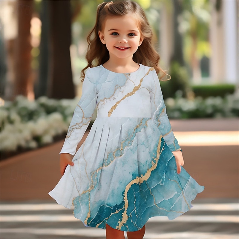 Girls' 3D Graphic Dress Long Sleeve Summer Spring Vacation Daily Holiday Beautiful Sweet Kids 4-12 Years Casual Dress A Line Dress Knee-length Regular Fit