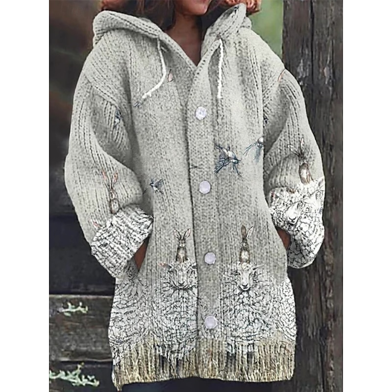 Women's Cardigan Vacation Daily Floral Ribbed Hooded Knitted Print Front Pocket Long Sleeve Regular Tops Knit Outdoor Daily Holiday Blue Green Fall Winter3
