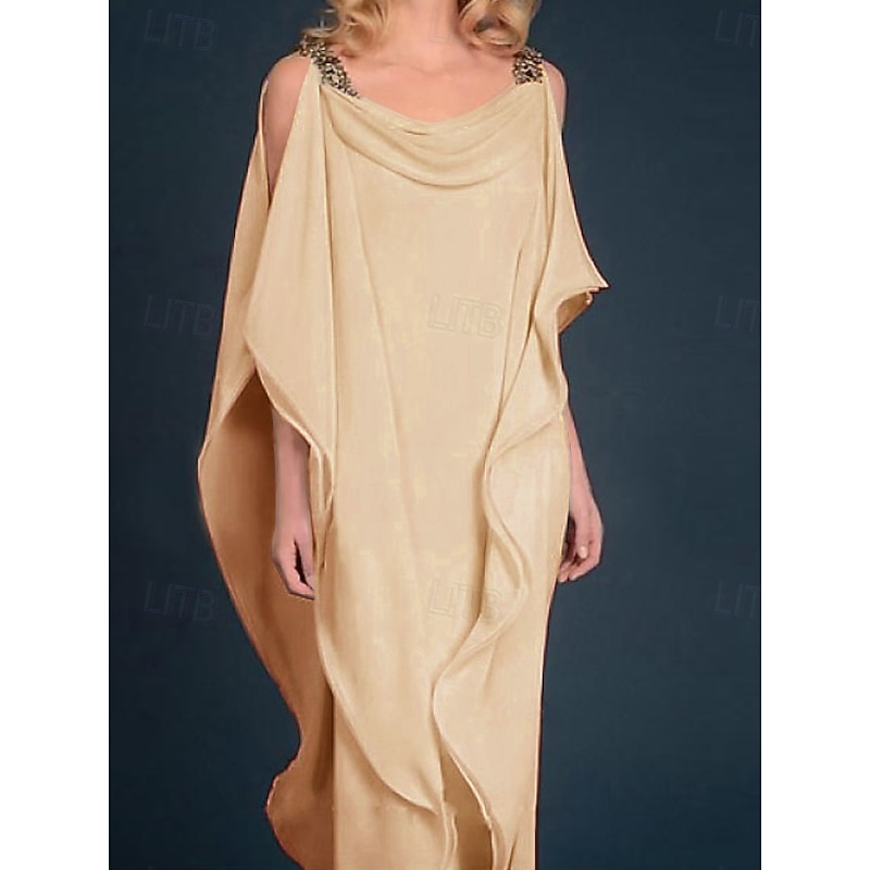 Beach Wedding Sheath Mother of the Bride Dress Wedding Guest Elegant Plus Size Jewel Neck Floor Length Chiffon Half Sleeve with Beading Cascading Ruffles