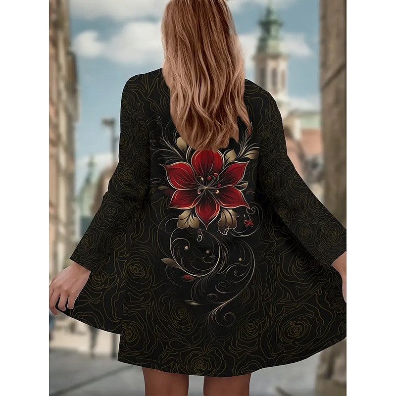 Women's Winter Coat Trench Coat Lightweight Comfortable Print Open Front Vintage Fashion Casual Floral Vacation Casual Long Collarless Regular Fit Long Sleeve Outerwear Red Purple Spring Fall2
