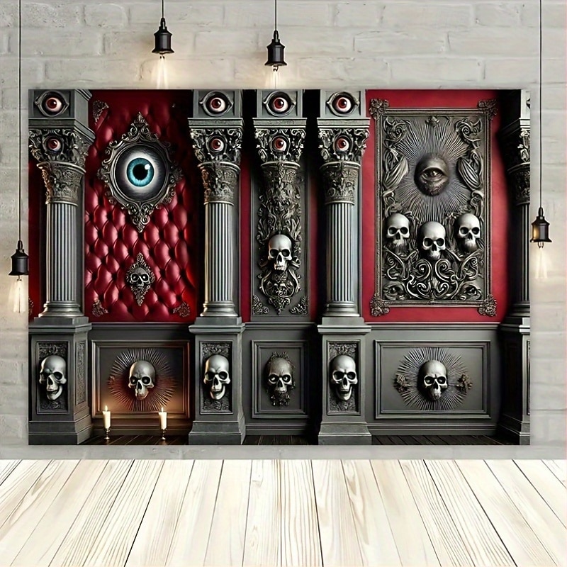 Gothic Skull Wall Tapestry – Haunted Castle Pillar Design with 3D Horror Elements, Halloween Backdrop Hanging for Bedroom or Gaming Room Decor4