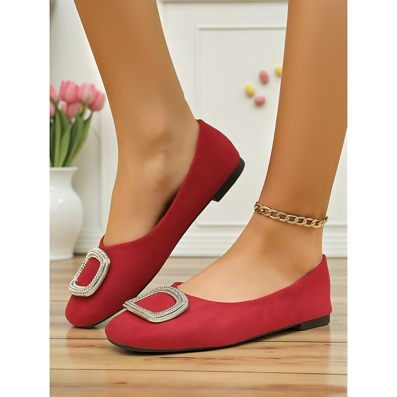 Women's Red Rhinestone Buckle Ballet Flats - Elegant Round Toe Slip-On Shoes for Offic,Daily Wear and Afternoon Tea Parties