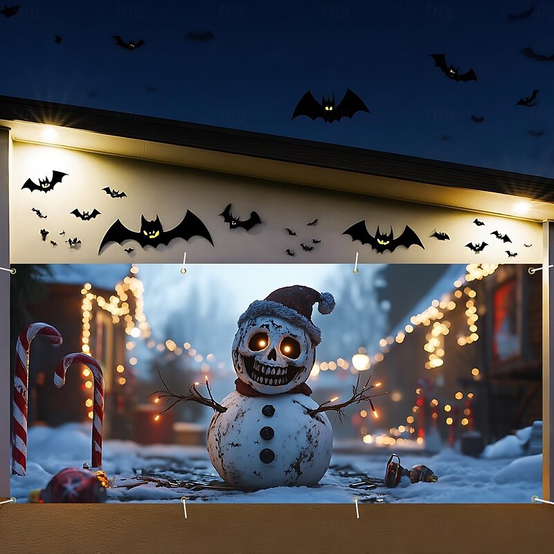 Halloween Tapestry Garage Door Cover Large Hanging Backdrop Zombies Snowman Dark Punk Gothic Style Party Outdoor Shooting Backgrounds Yard Haunted House Home Decor2