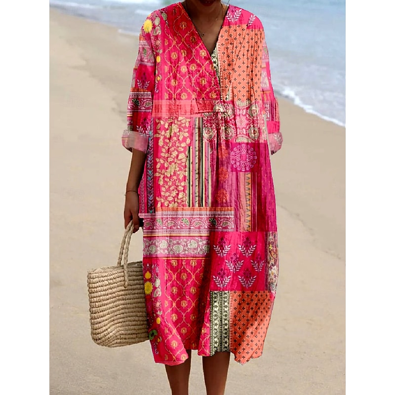 Women's Midi Dress Casual Dress Sundress A Line Dress Vacation Casual Boho Party Holiday Beach Loose Fit Floral Graphic Paisley Long Sleeve V Neck Magenta Blue Orange Spring Fall